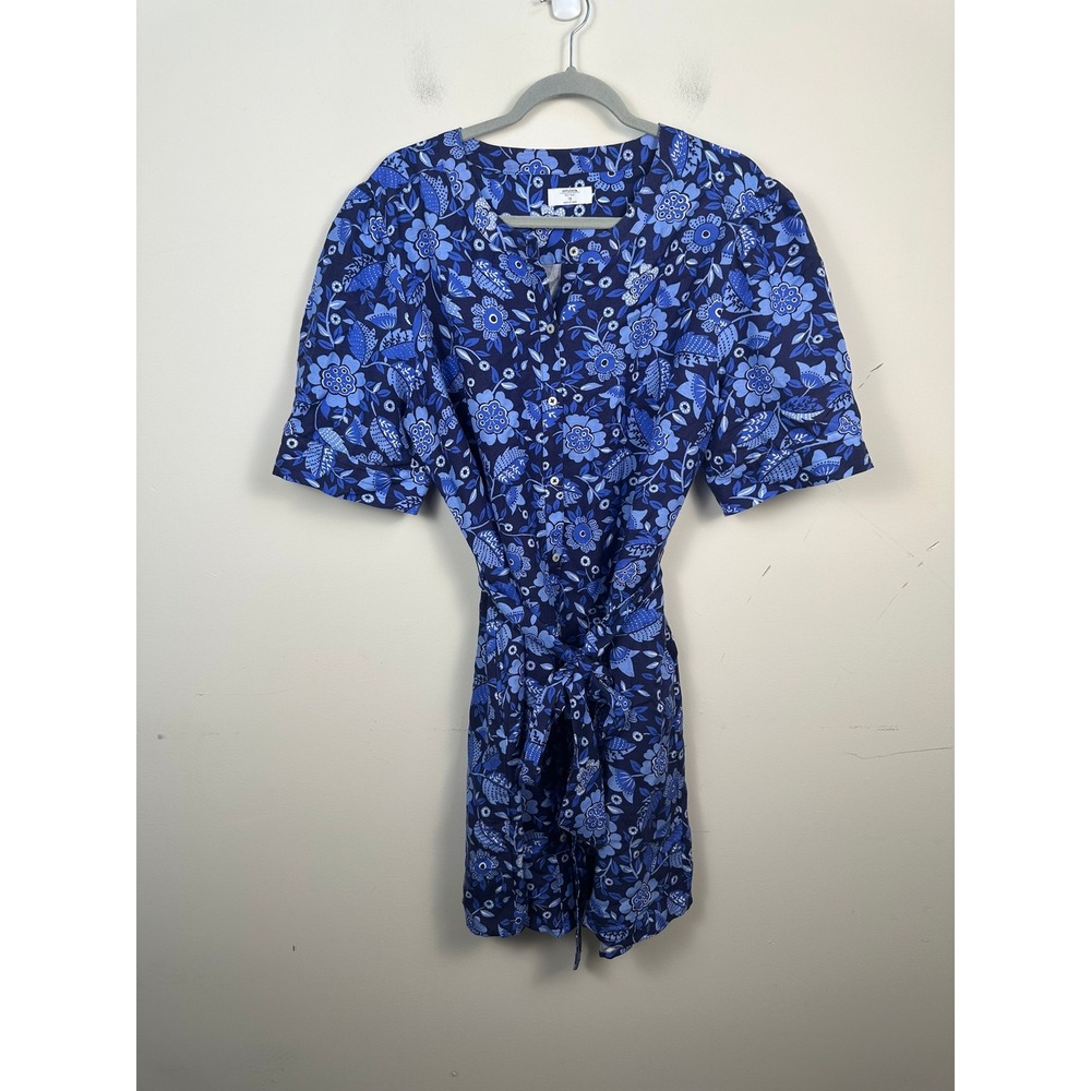 UNTUCKit Lena Dress Women 16 Blue Excellent Floral Linen Rayon Button Mini